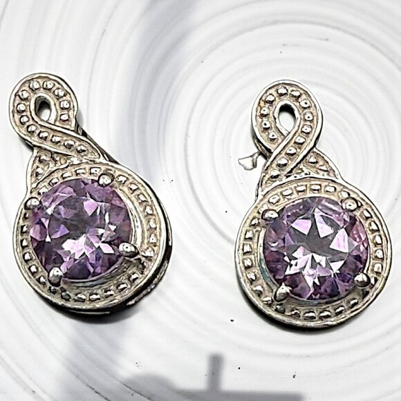 Amethyst Sterling Silver Infinity Design Earrings 1.46 CTW AA Round Cut Rhodium - Picture 1 of 9